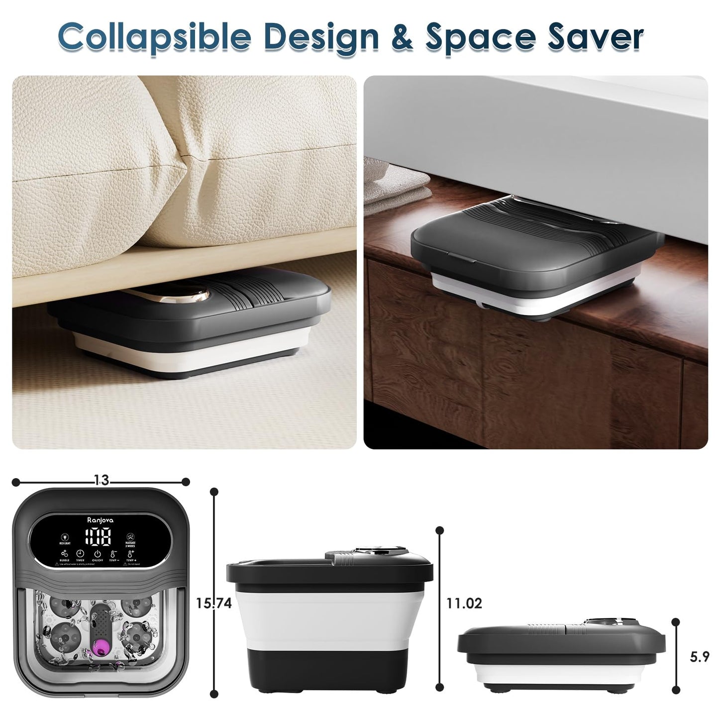 Ranjova Collapsible Foot Spa Electric Rotary Massage, Foot Bath with Heat, Bubble,Temp Control, and 24 Motorized Shiatsu Massage Balls, Pedicure Foot Spa Tub for Stress Relief (Black)