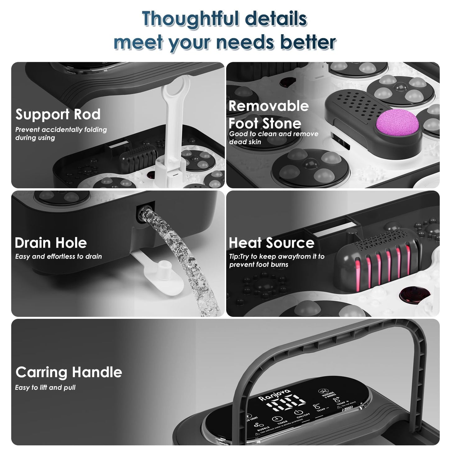 Ranjova Collapsible Foot Spa Electric Rotary Massage, Foot Bath with Heat, Bubble,Temp Control, and 24 Motorized Shiatsu Massage Balls, Pedicure Foot Spa Tub for Stress Relief (Black)