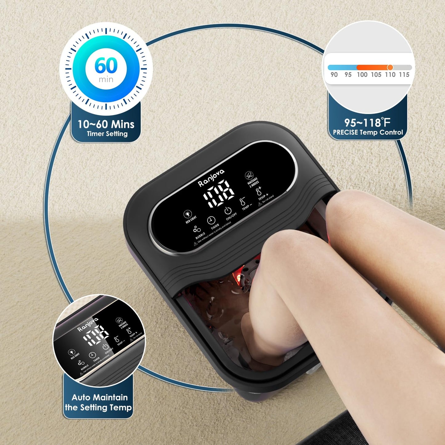 Ranjova Collapsible Foot Spa Electric Rotary Massage, Foot Bath with Heat, Bubble,Temp Control, and 24 Motorized Shiatsu Massage Balls, Pedicure Foot Spa Tub for Stress Relief (Black)